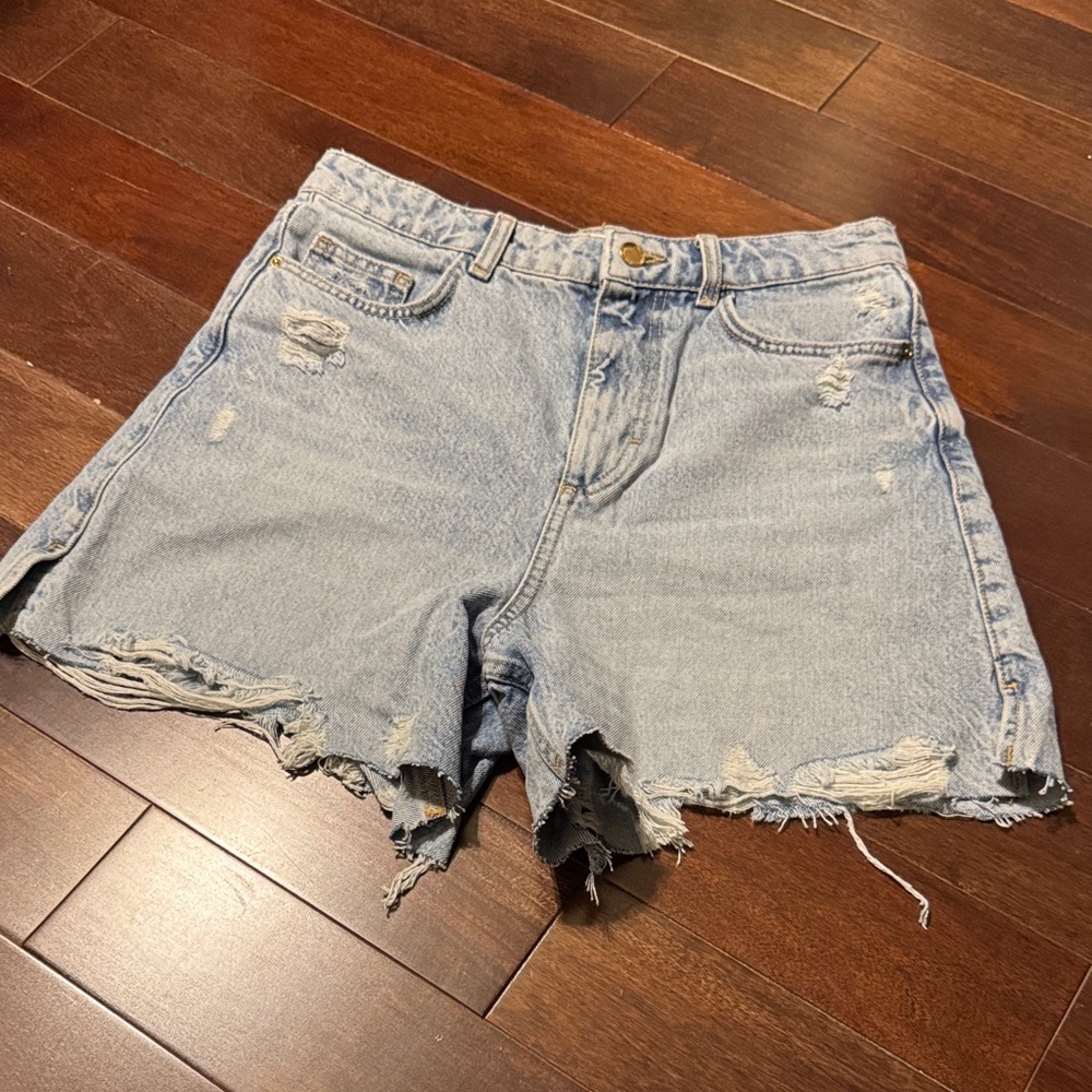Zara Light Blue Distressed High Rise Jean Shorts